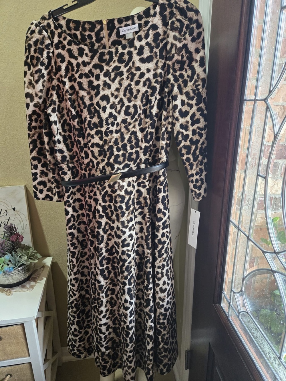 Calvin Klein Leopard Print Belted Midi Dress in Beige, Black & Brown